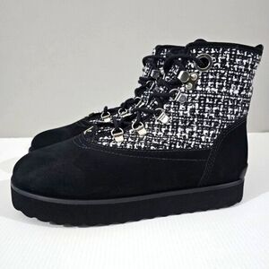 Larroude Vail Ankle Boot Womens 7.5 Black White Tweed Leather Cozy Winter NEW